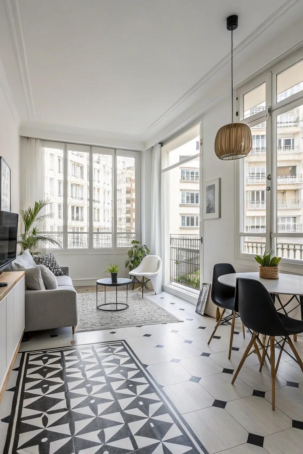 Monochrome floors add a sleek and modern touch.