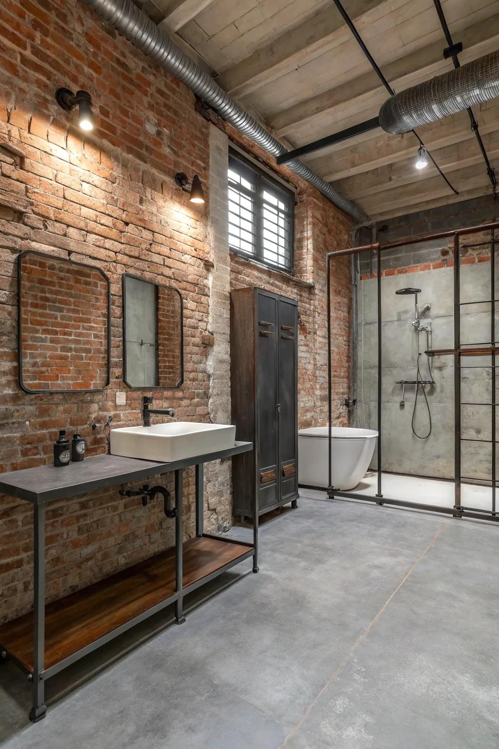 Industrial elements bring a bold and modern touch to bathrooms.