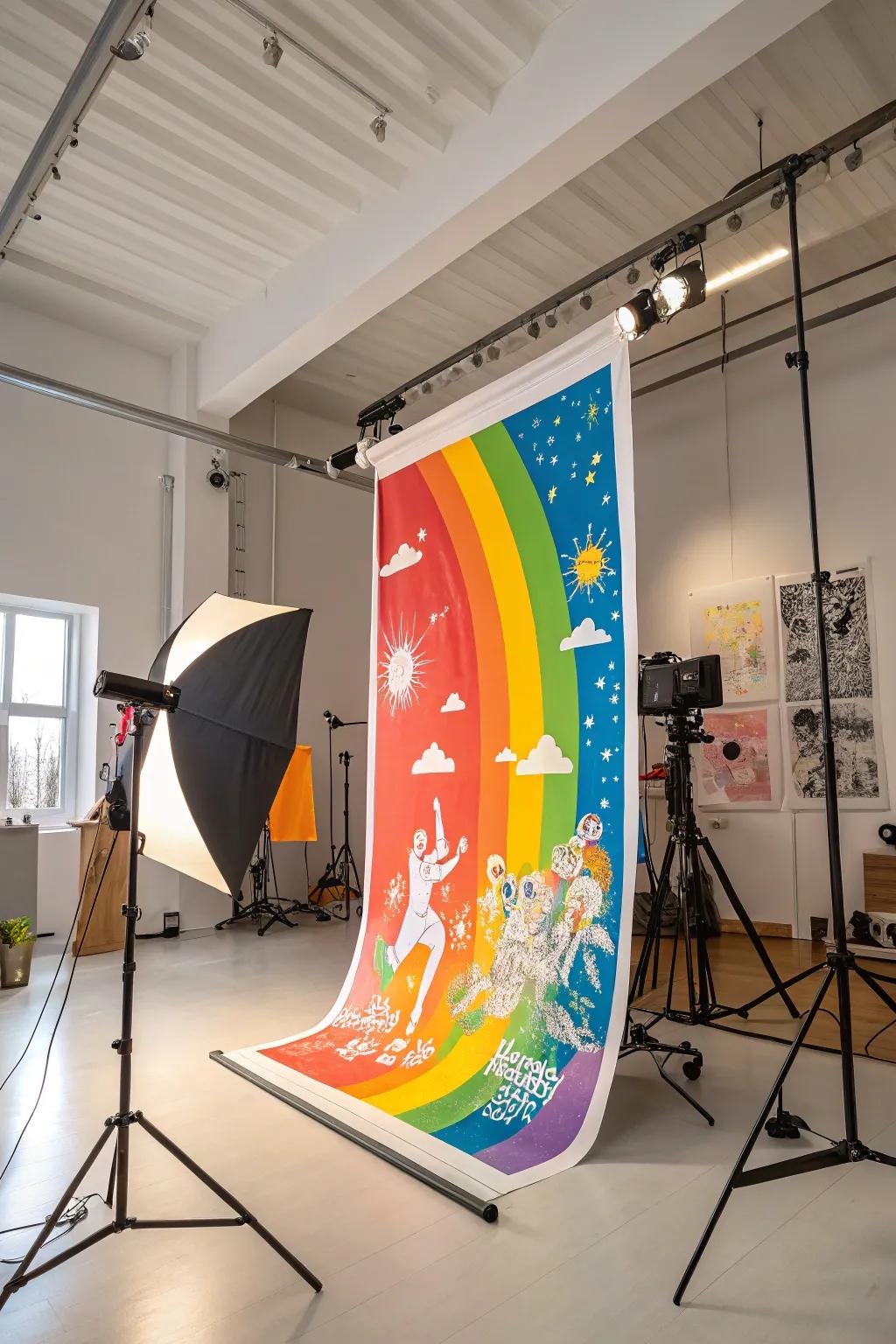 A rainbow-hued poster sparking creativity in a vibrant studio.