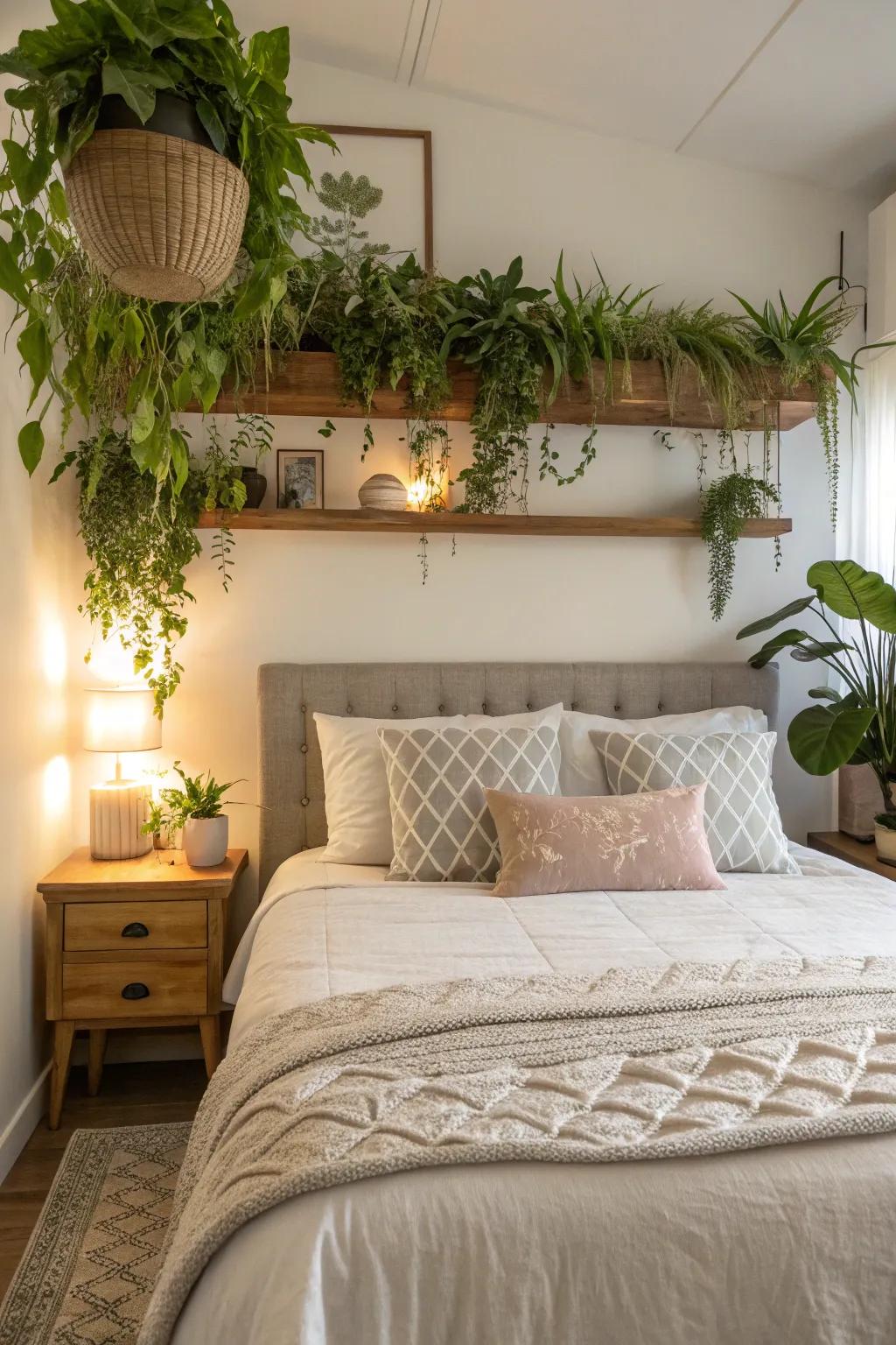 Enhance bedroom tranquility with overhead plant shelves.