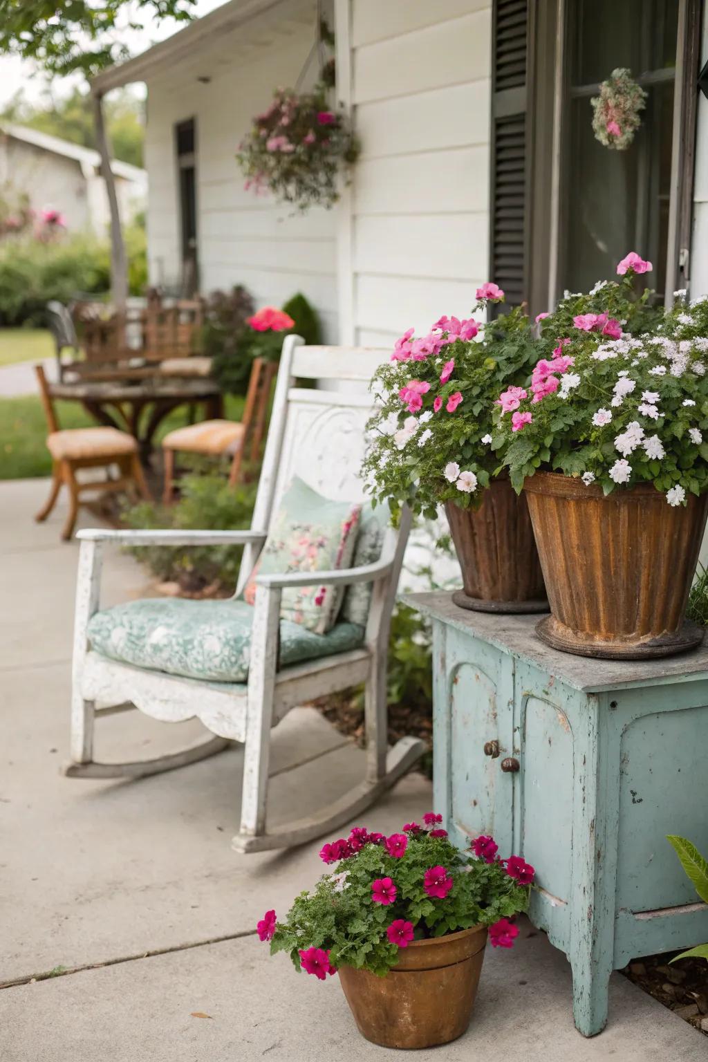 Repurpose furniture for unique patio planters.