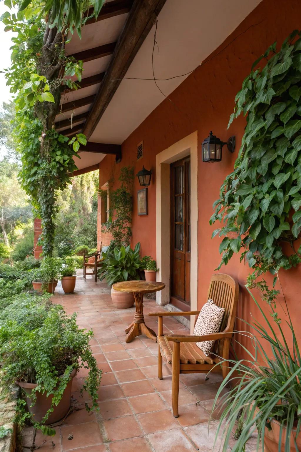 A terracotta porch that offers a cozy and earthy ambiance.