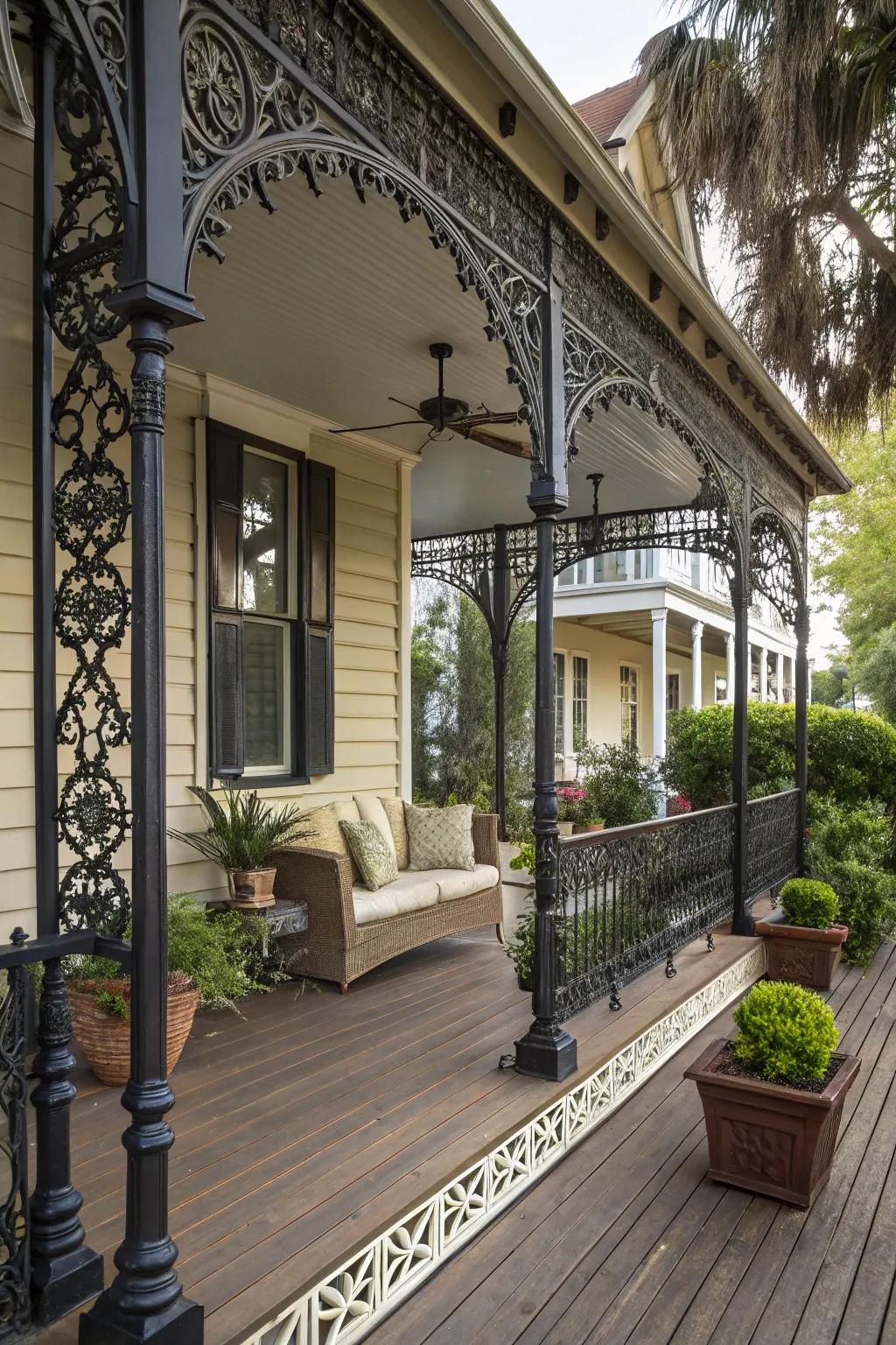 Fashioned iron detailing contributes classic old-world charm.