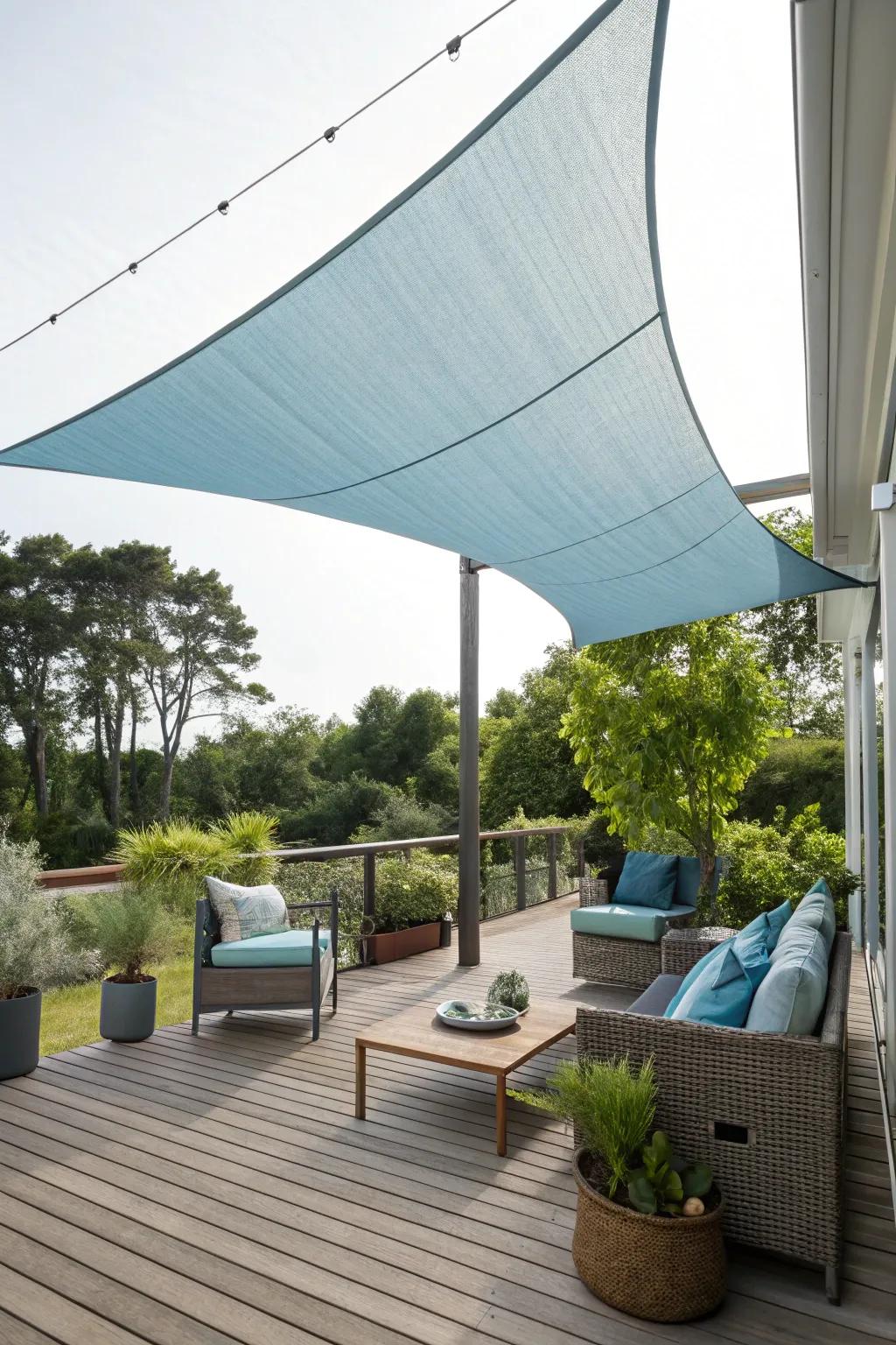 A chic shade sail offers overhead privacy and style on a deck.