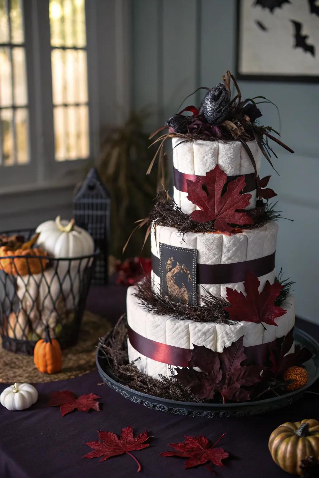 Gothic autumn diaper cakes make a bold and dramatic statement.