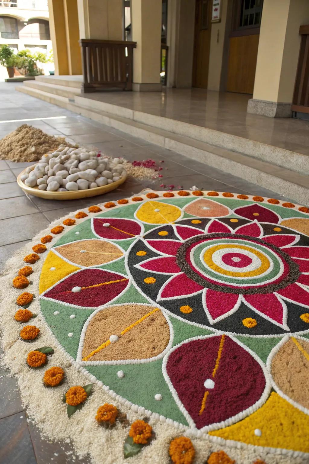 A mix of textures brings a unique tactile dimension to this rangoli.