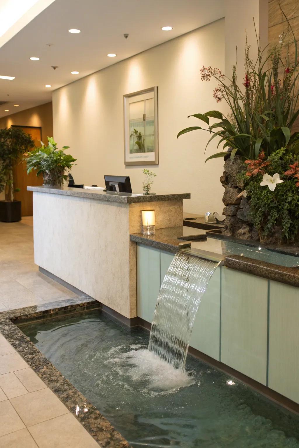 A serene reception area augmented by a water element.