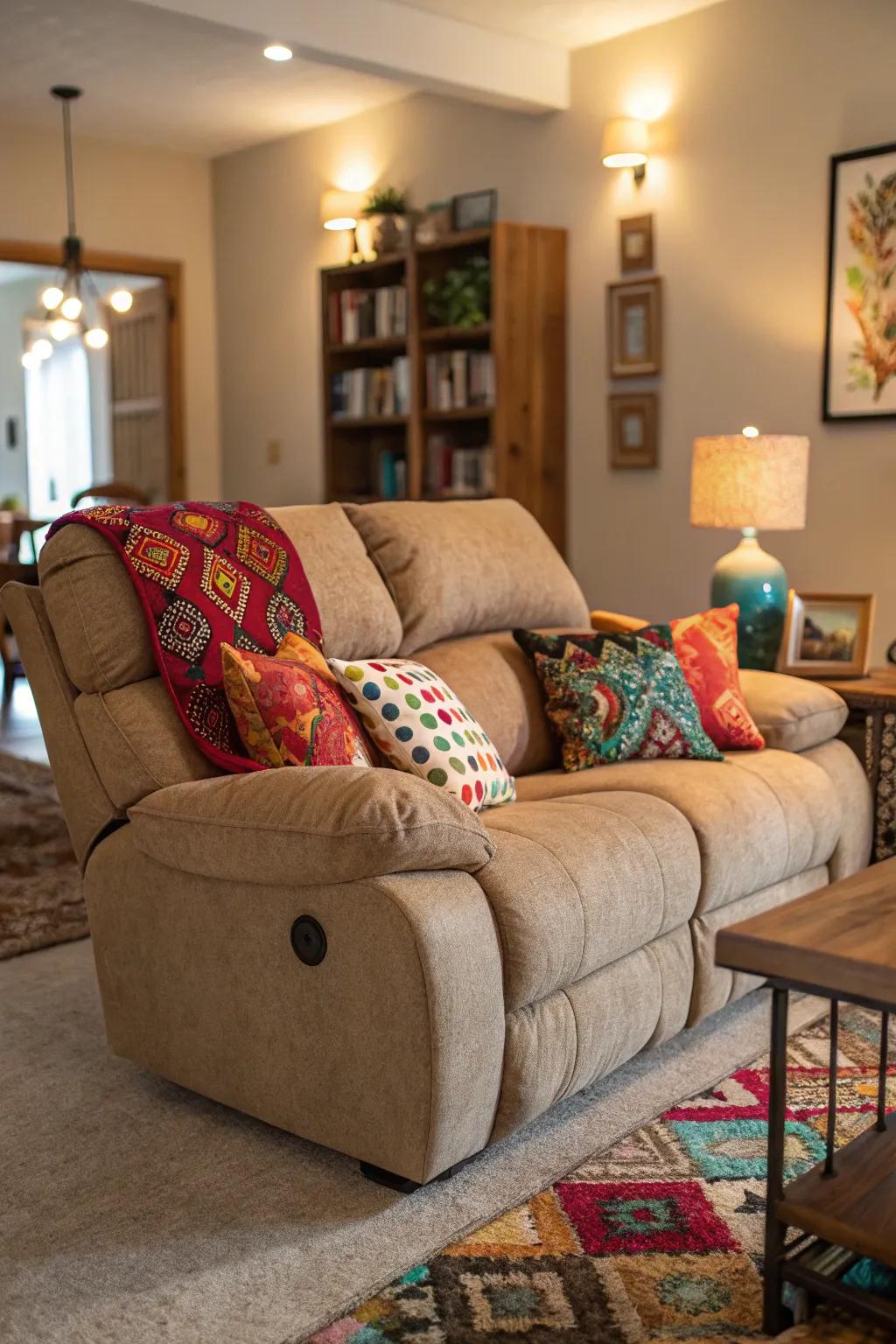 A recliner sofa brought to life with a mix of cushions and pillows.