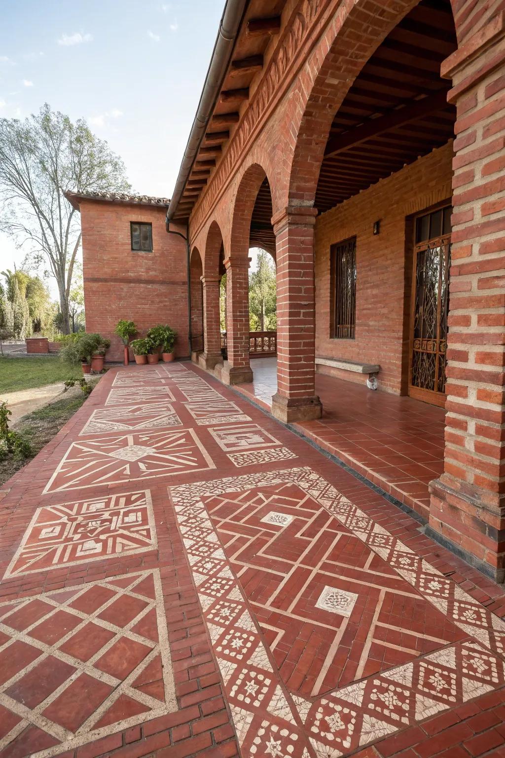 A red brick patio featuring striking geometric designs