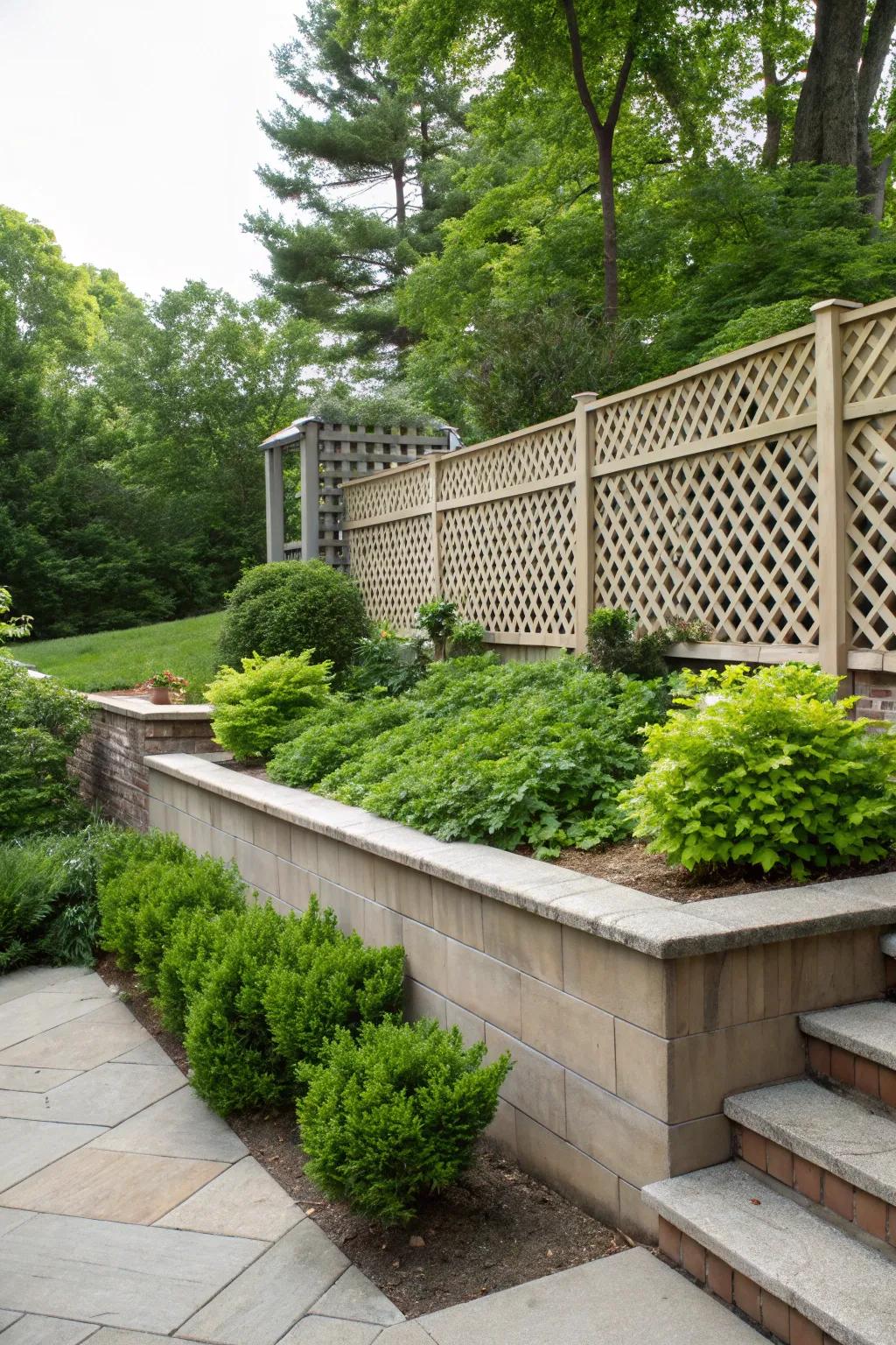 A stylish lattice fence providing privacy in a backyard.