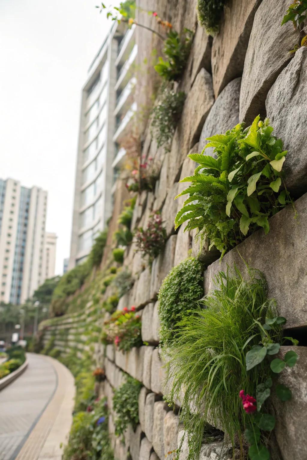 A vertical garden brings rock walls to life with lush greenery.