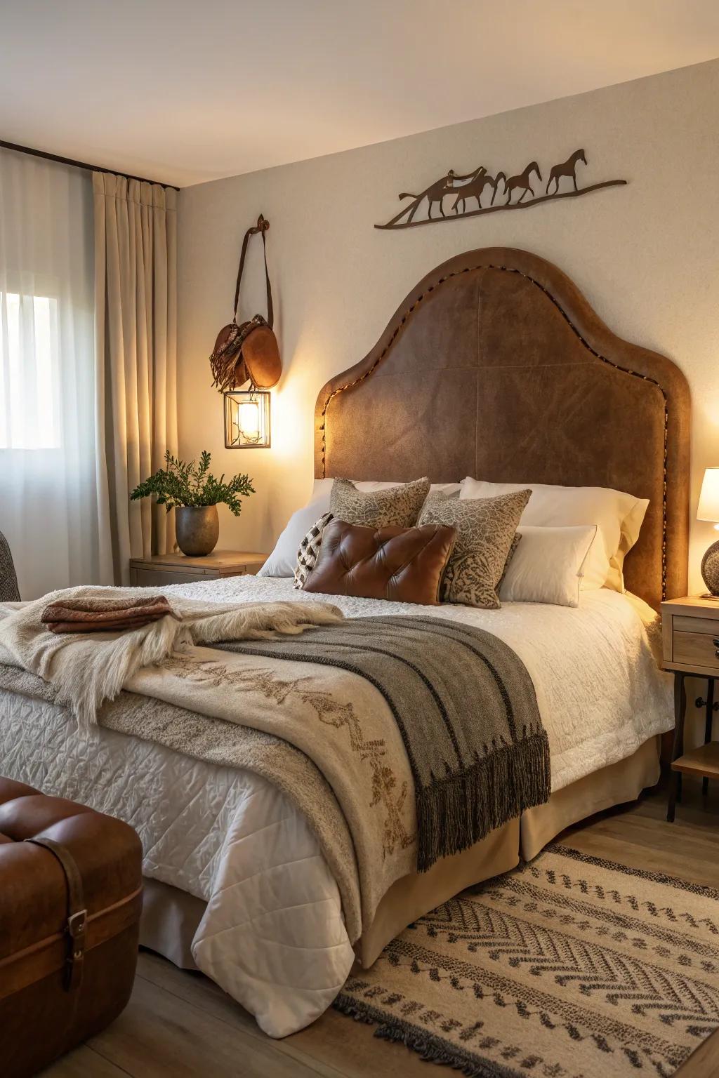 A riding seat-inspired headboard brings Western charm to this snug bedroom.