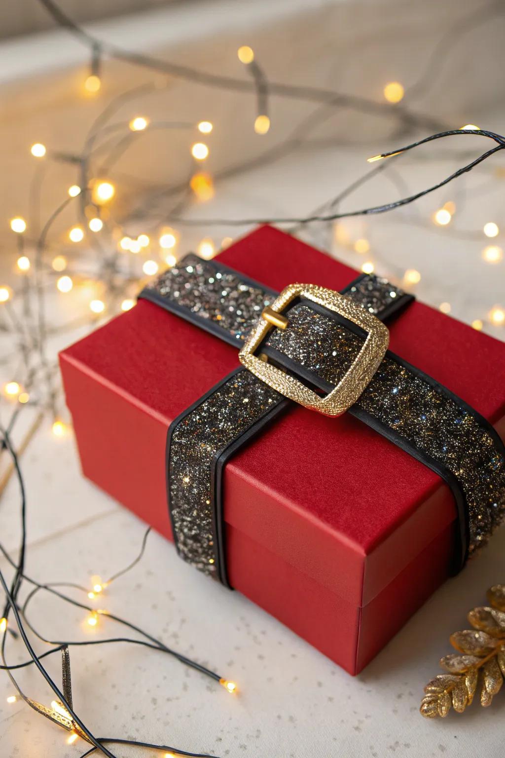 Glittery details make Santa's belt box sparkle and shine.