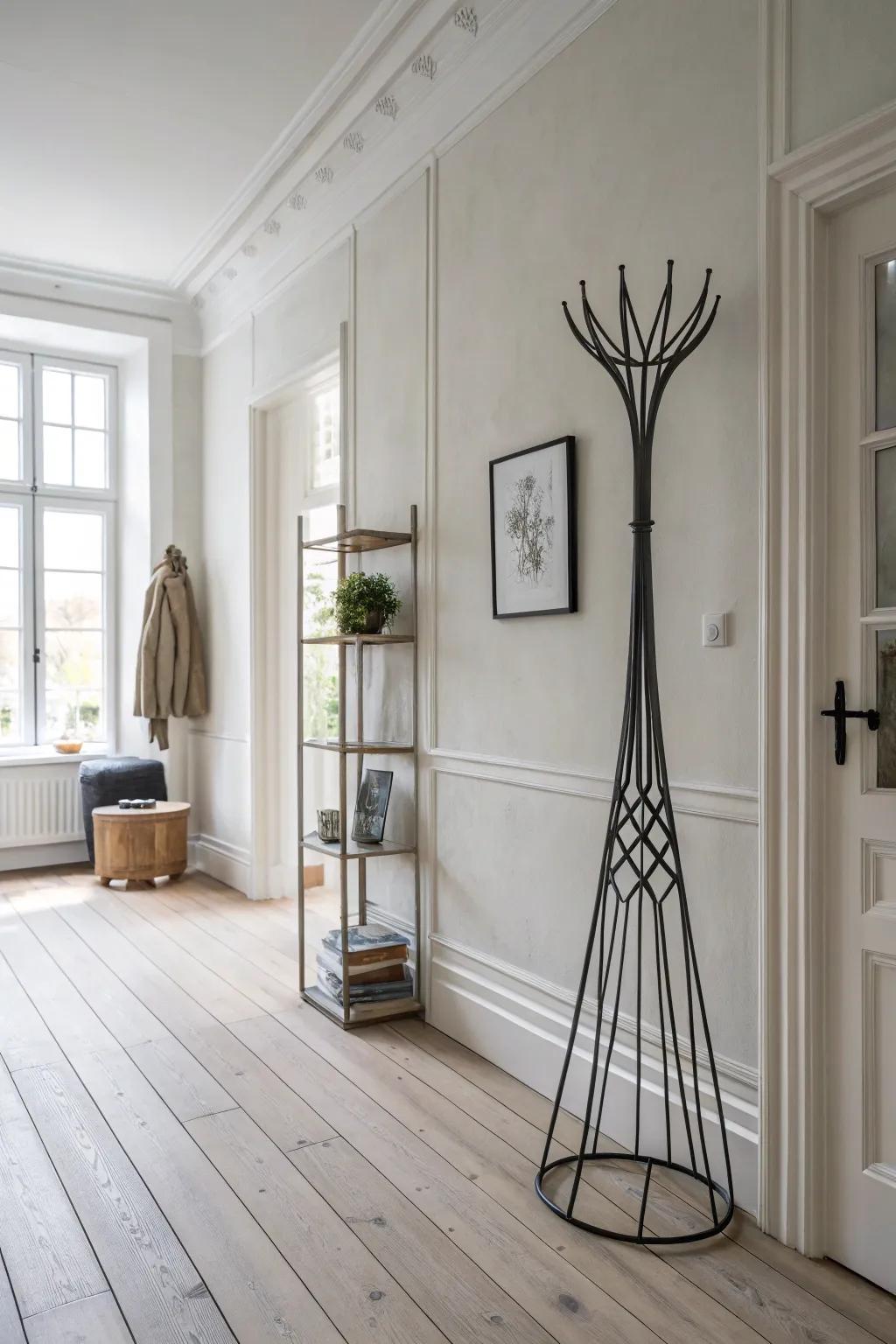 A wall with a uncomplicated metal sculpture in a Scandinavian styled room