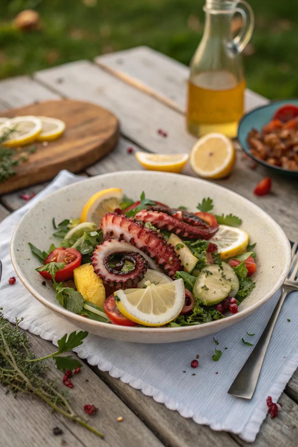 Octopus salad, a unique and flavorful picnic dish.