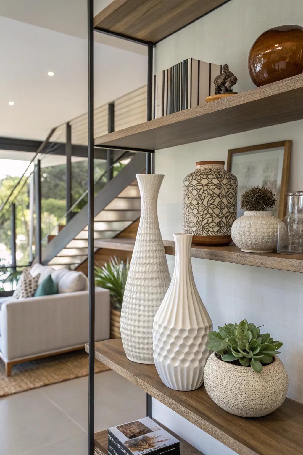 Varying item heights adds visual interest to shelves.