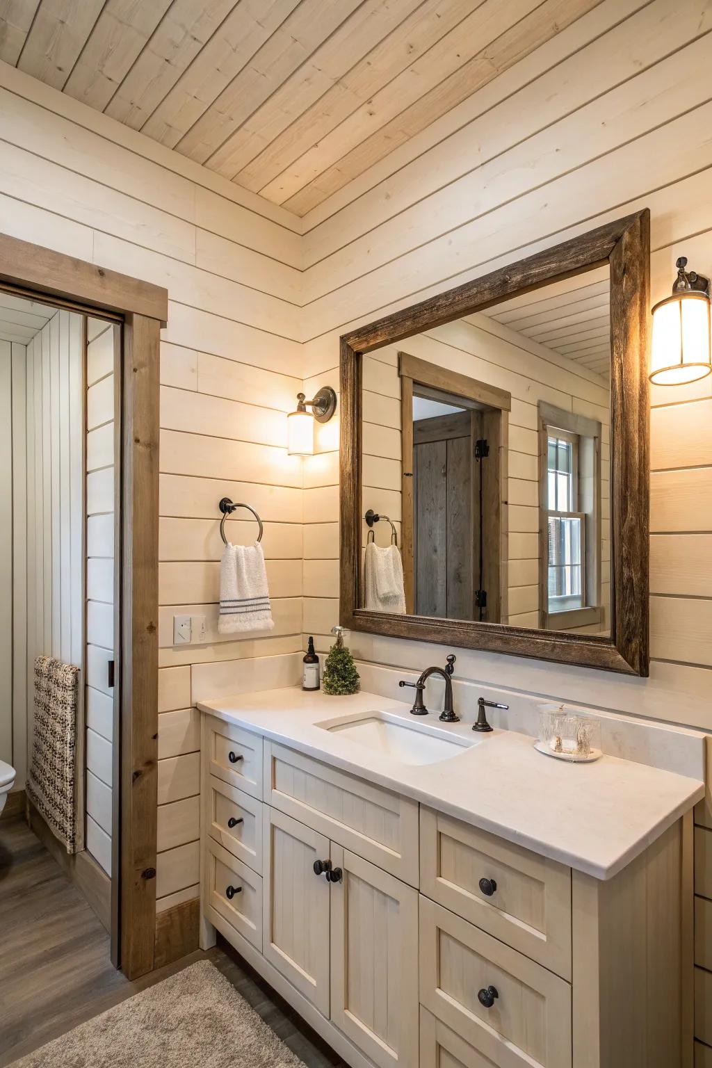 A bathroom with a board and batten backdrop for a statement mirror.