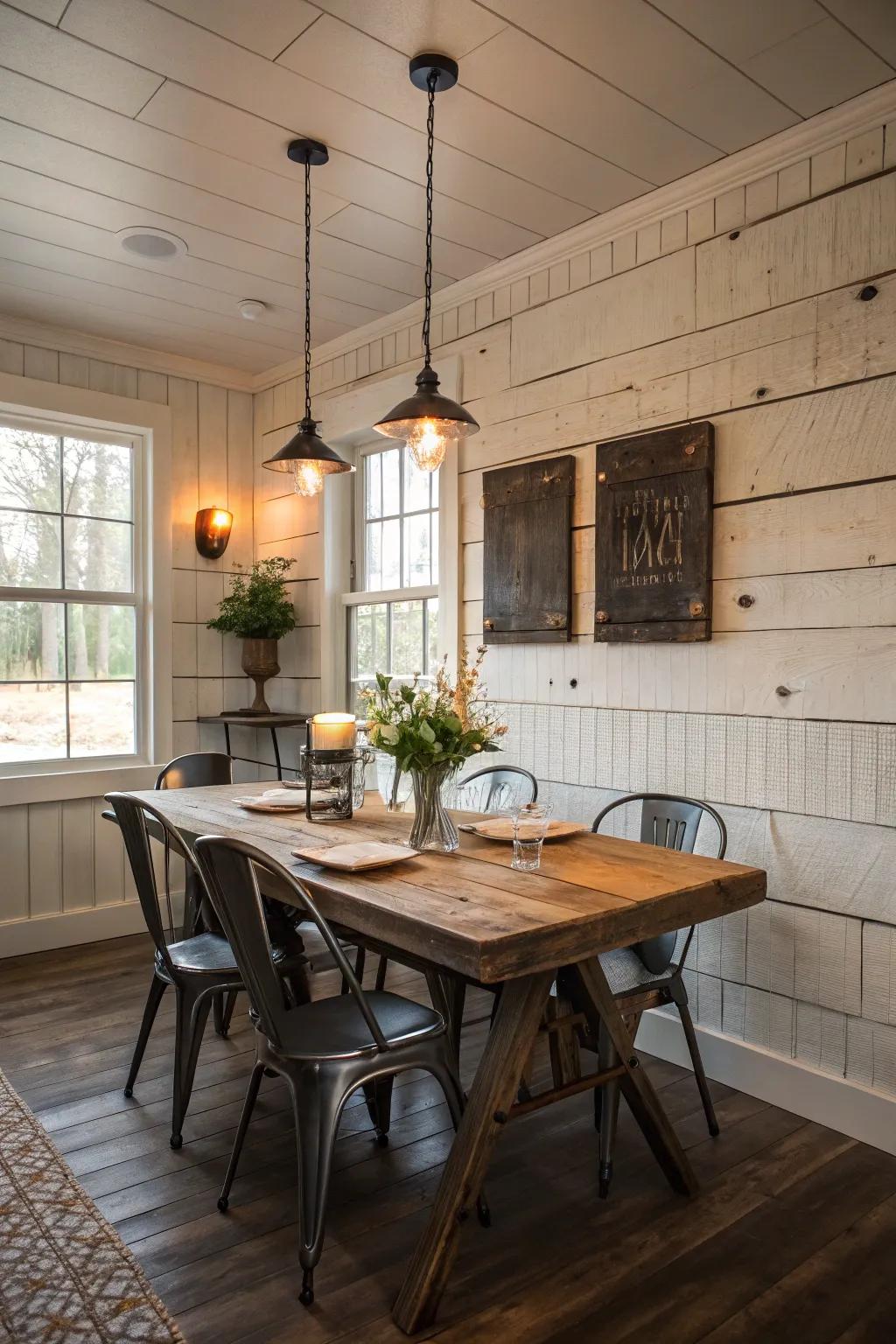 A dining room with mixed styles and shiplap walls.