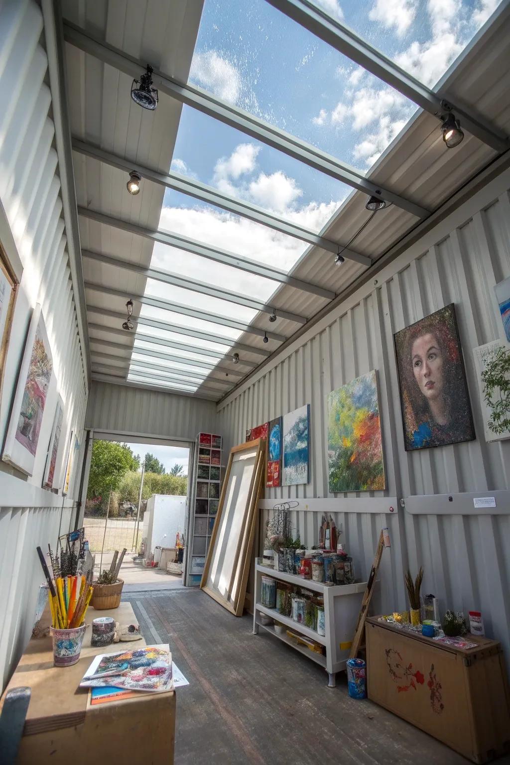 A container art studio filled with light and creativity.