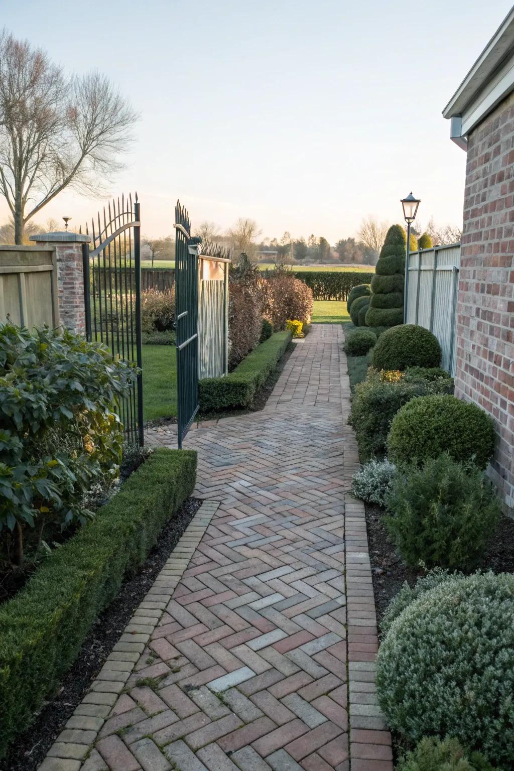 Herringbone brick patterns add elegance to your side yard.