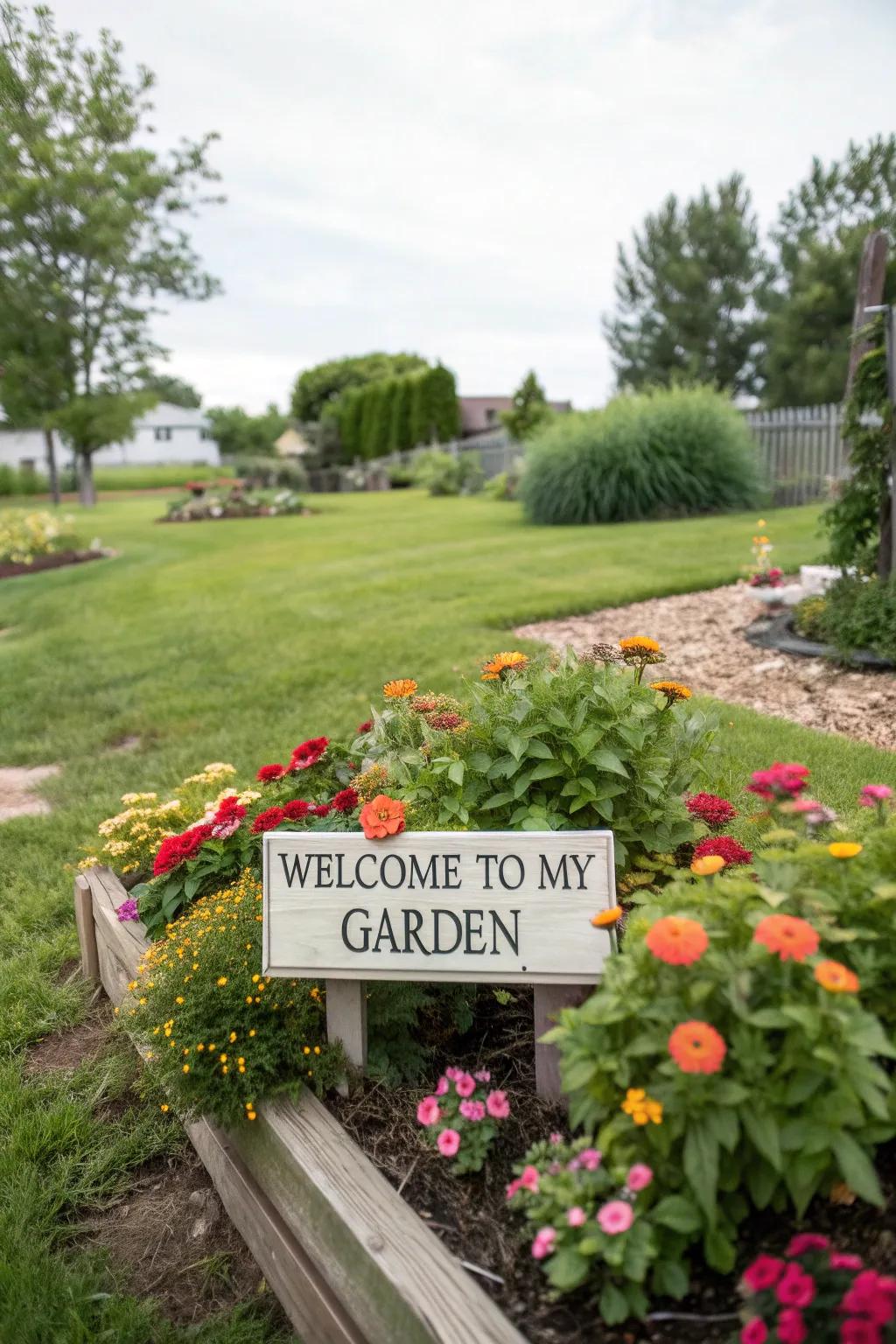 A backyard garden featuring a 'Welcome to My Garden' sign near flower beds.