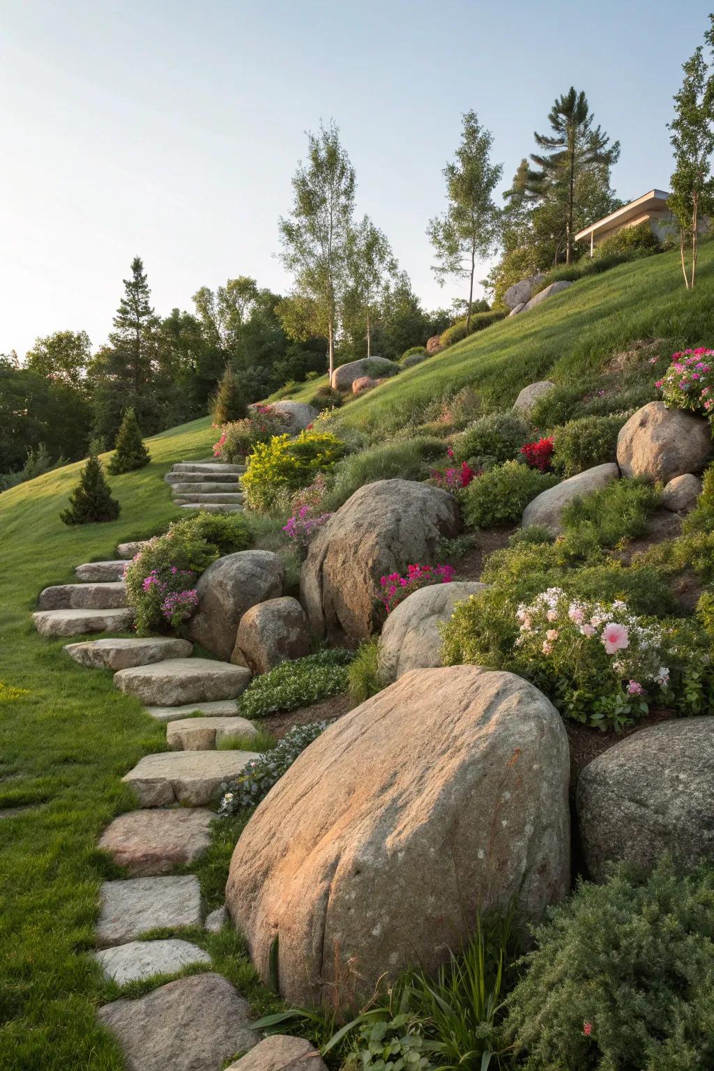 Boulders provide stability and natural charm to this slope.