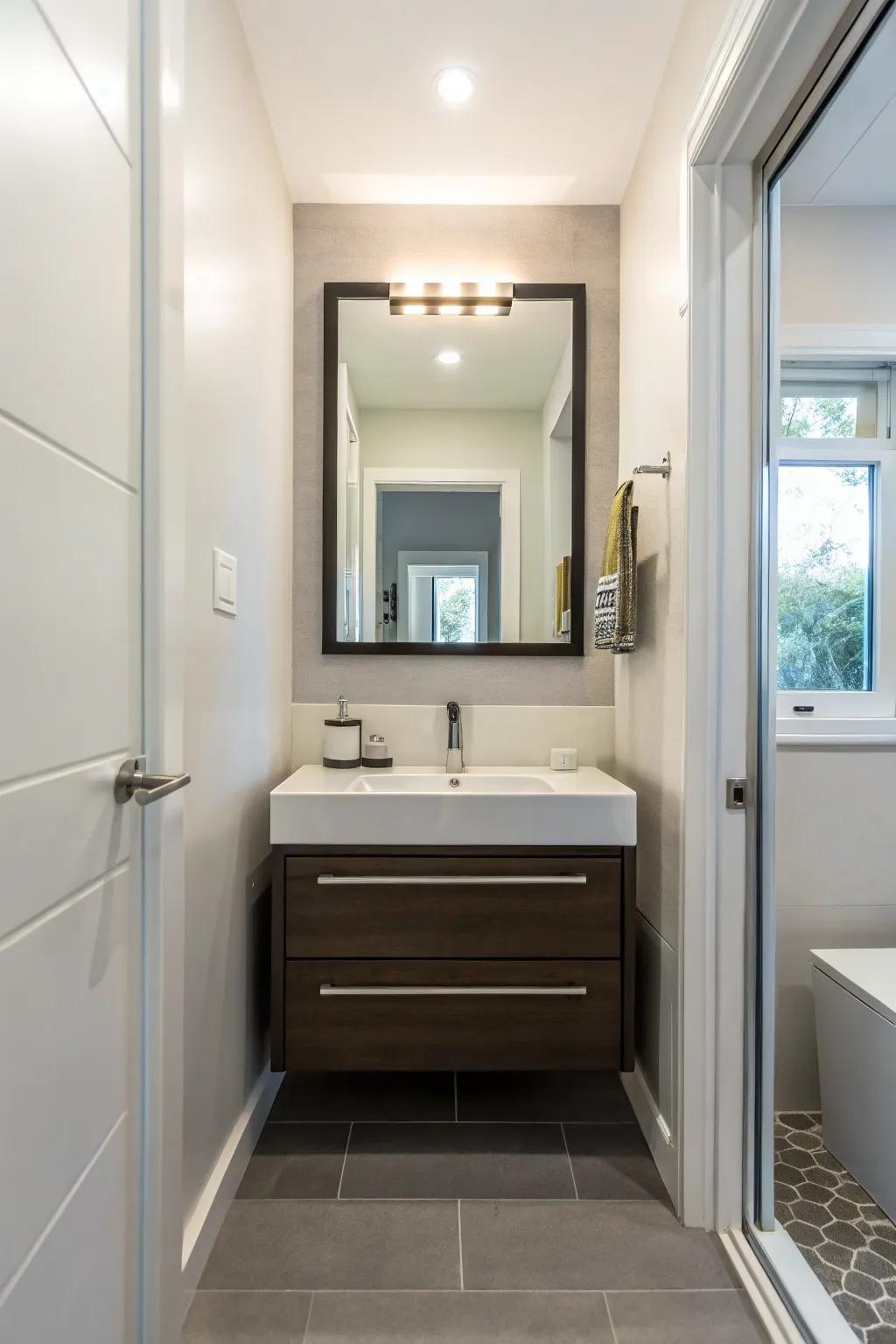 A wall-mounted vanity that saves space and adds a modern touch to a small bathroom.