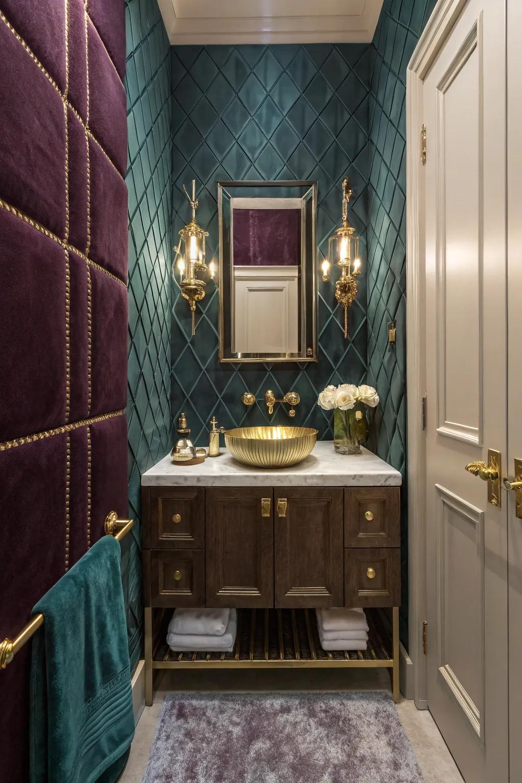 Velvet-textured segments in a diminutive bathroom, engendering an opulent and snug space.