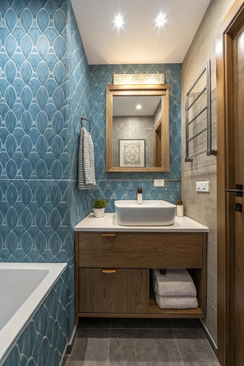 Textured blue wallpaper adds elegance and interest to the bathroom walls.