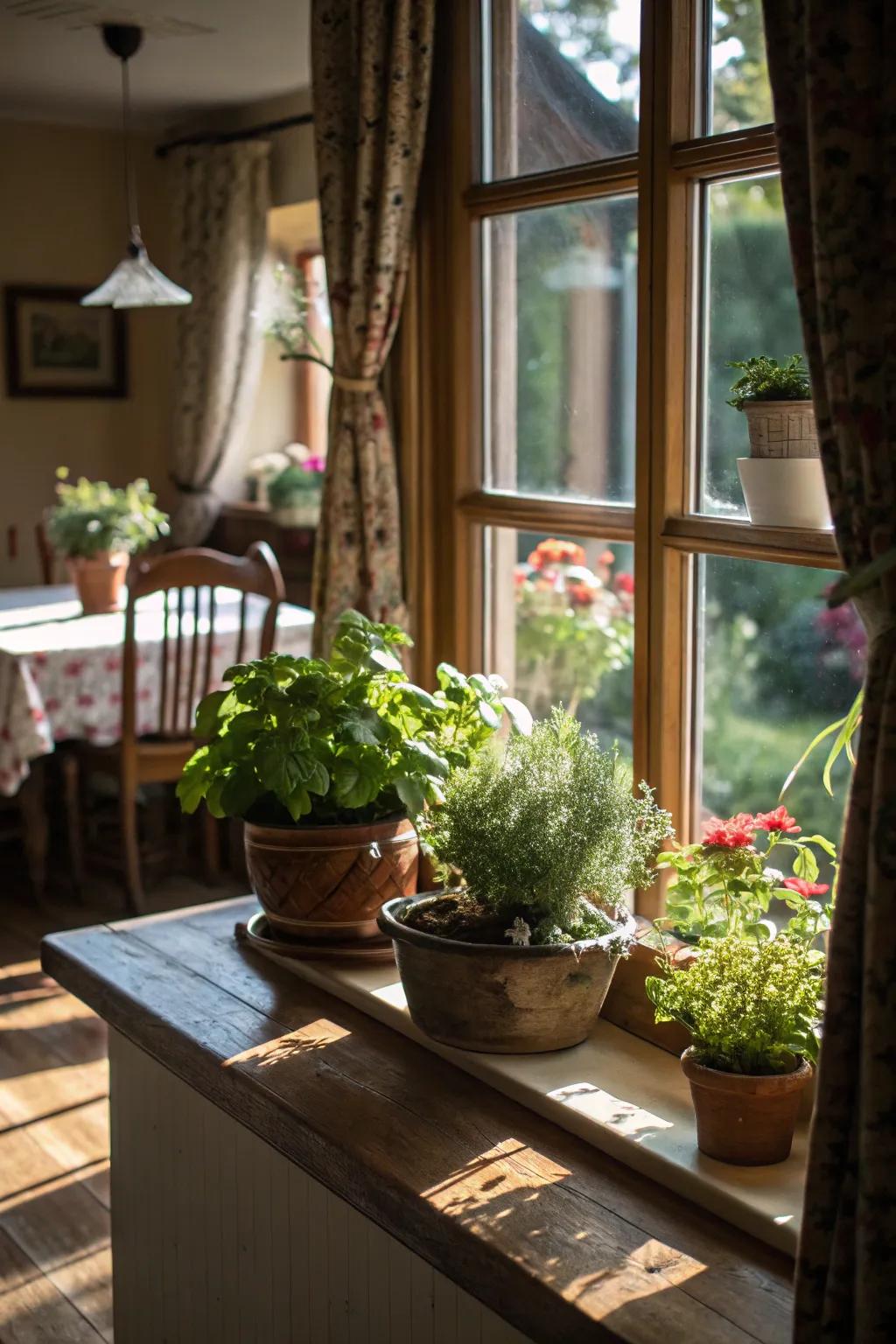 Potted plants bring vibrancy and a natural touch to the window.