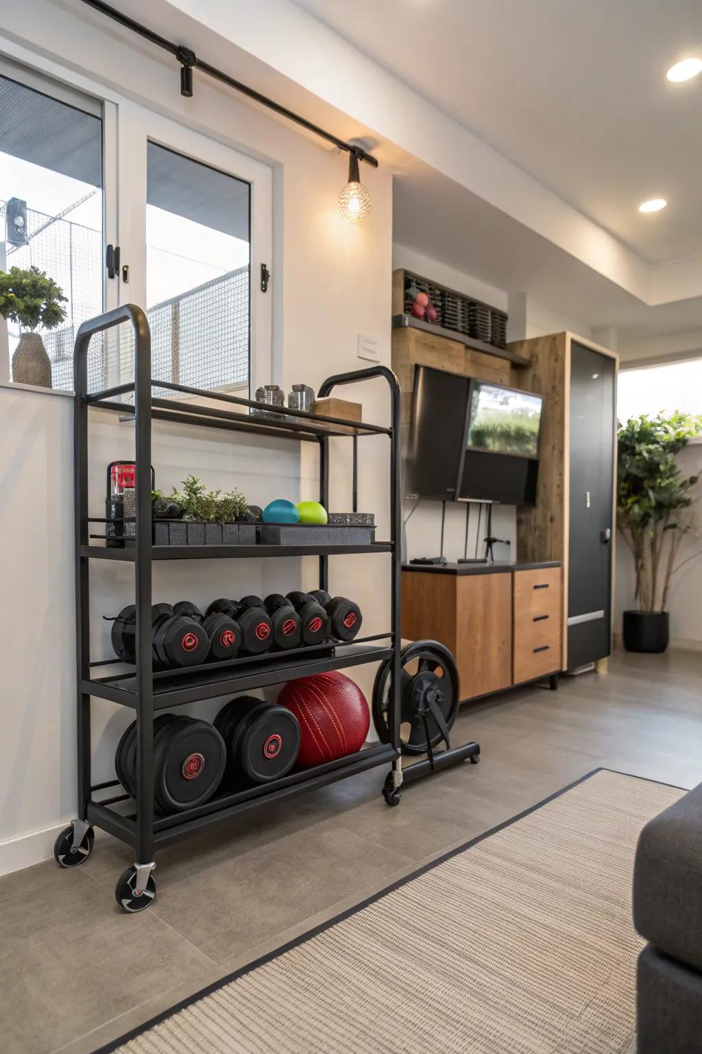 A rolling cart offers practical and flexible storage for gym gear.