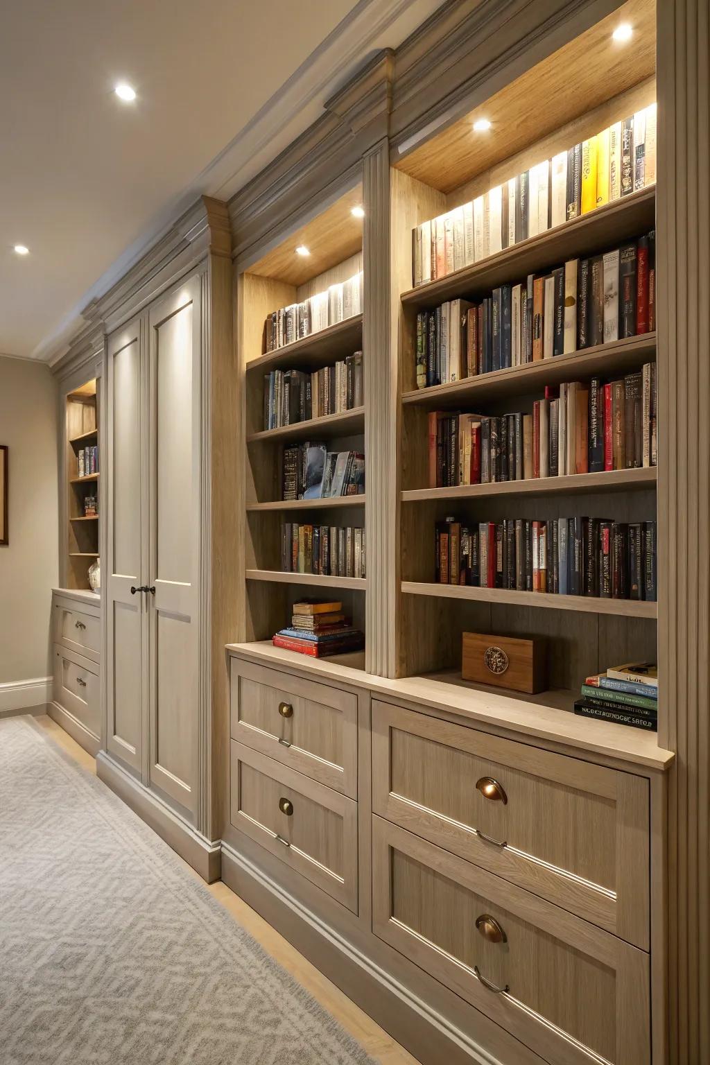 Hidden storage keeps your library tidy and organized.