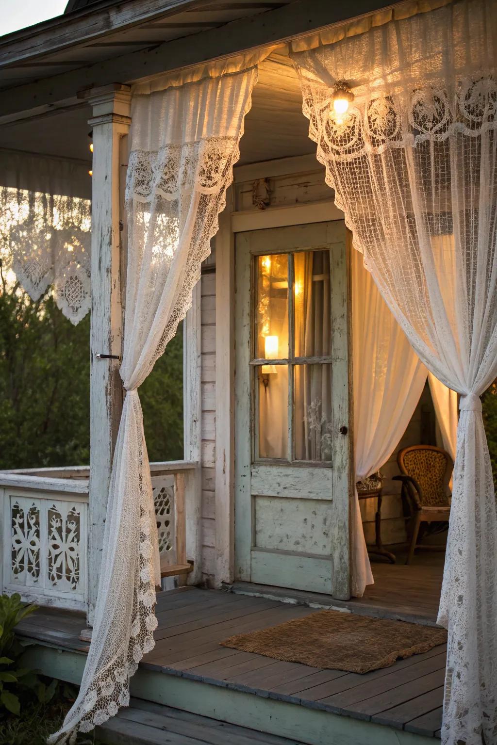 Vintage curtains bring timeless romantic charm to your porch.