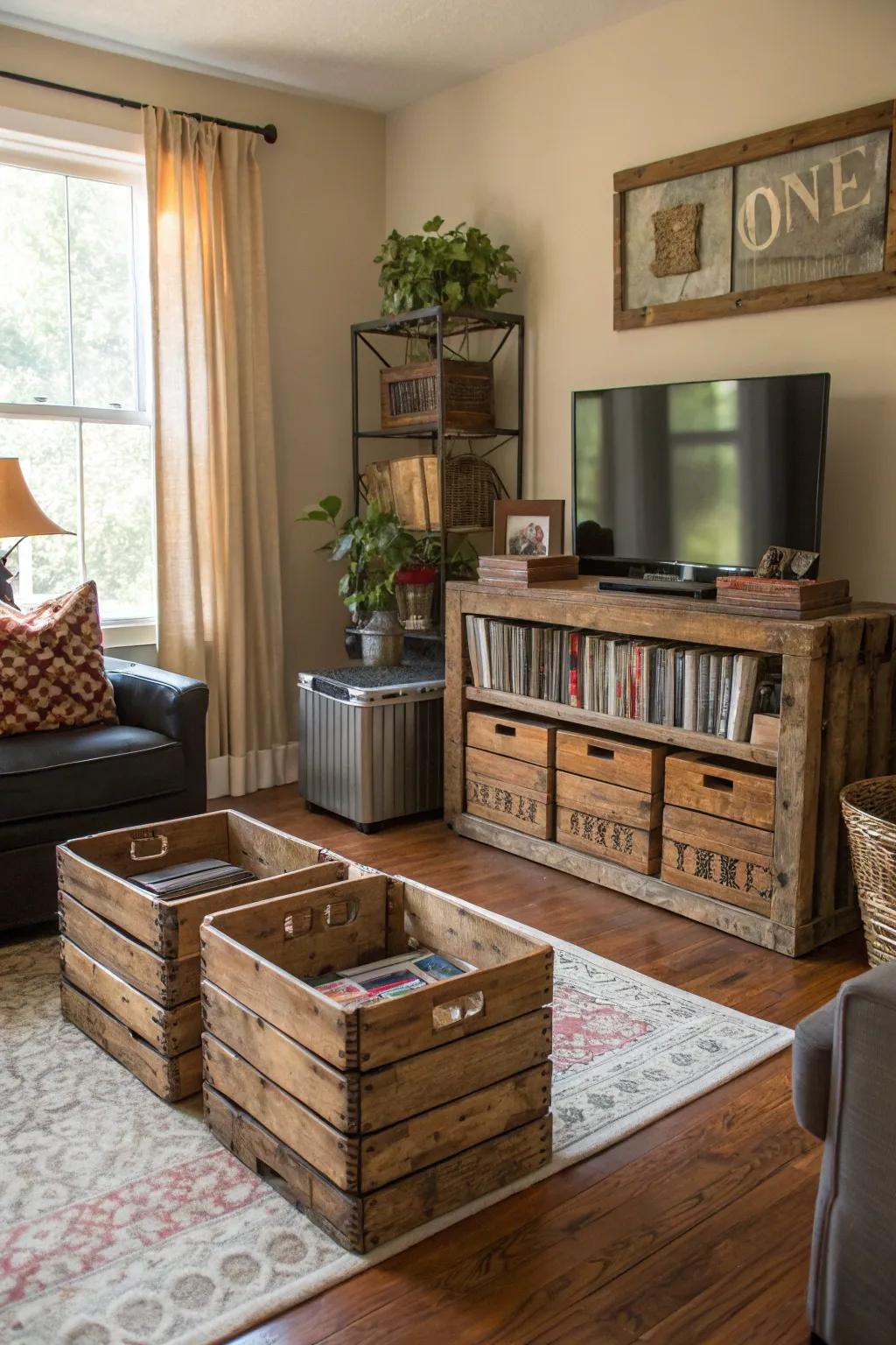 Living room with vintage bins and crates for storage.