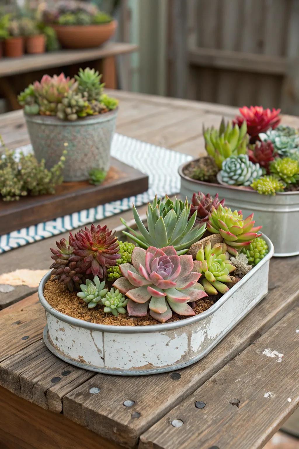 A charming succulent garden in vintage repurposed containers.