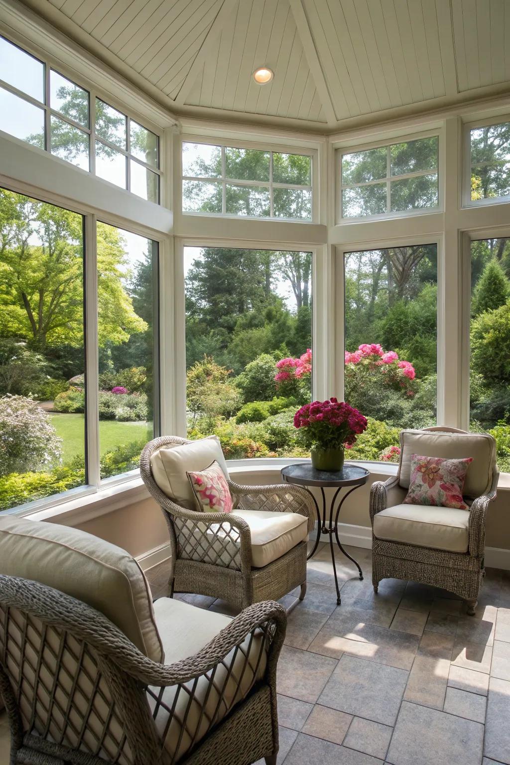 Seating positioned to enjoy outdoor views connects the sunroom with nature.