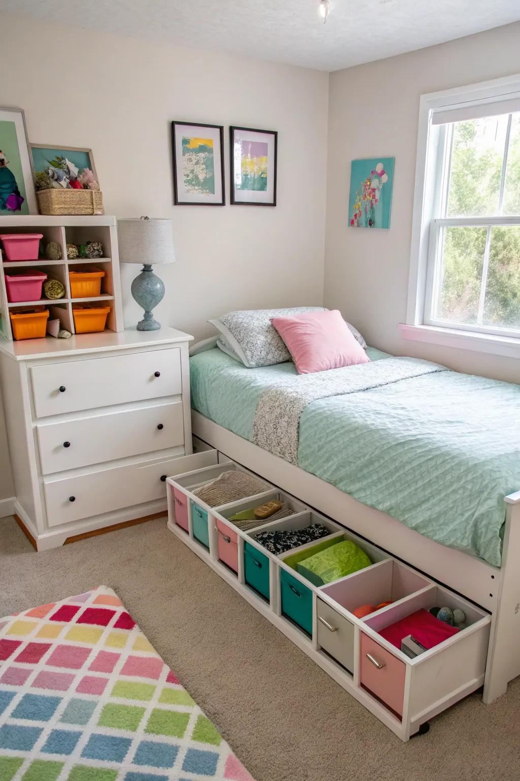 Unseen storage solutions under the bed.