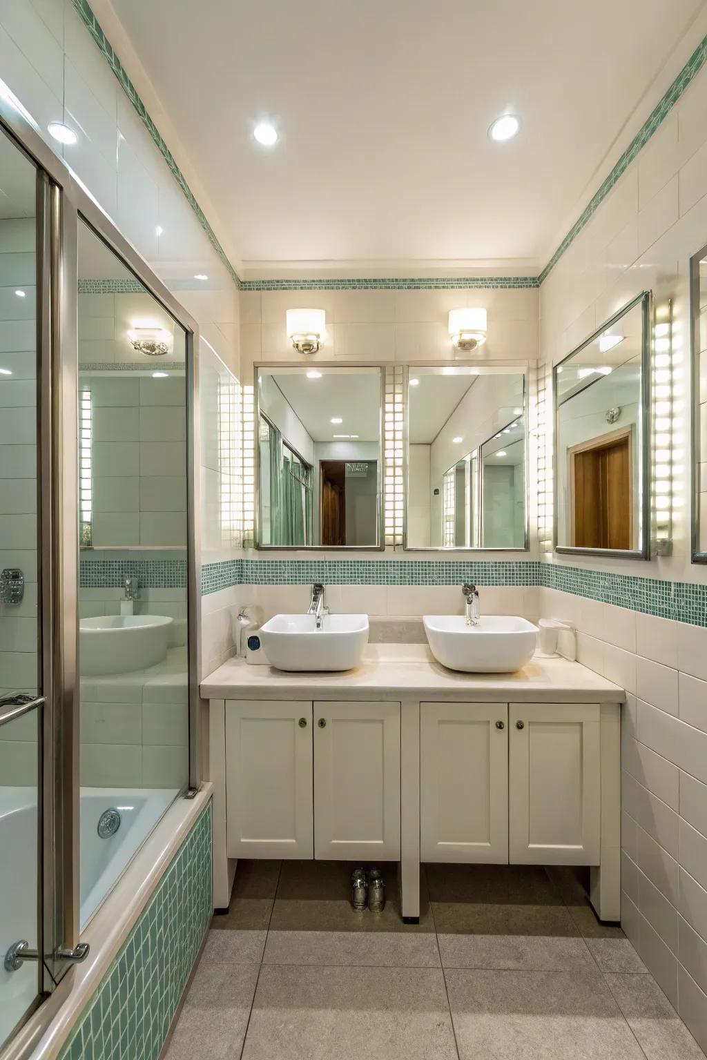 Mirrors amplifying light and space inside a small bathroom