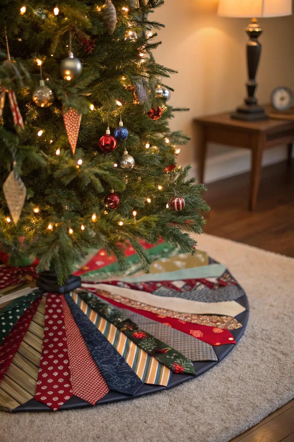 Repurposed neckties offer a colorful and unique tree skirt.