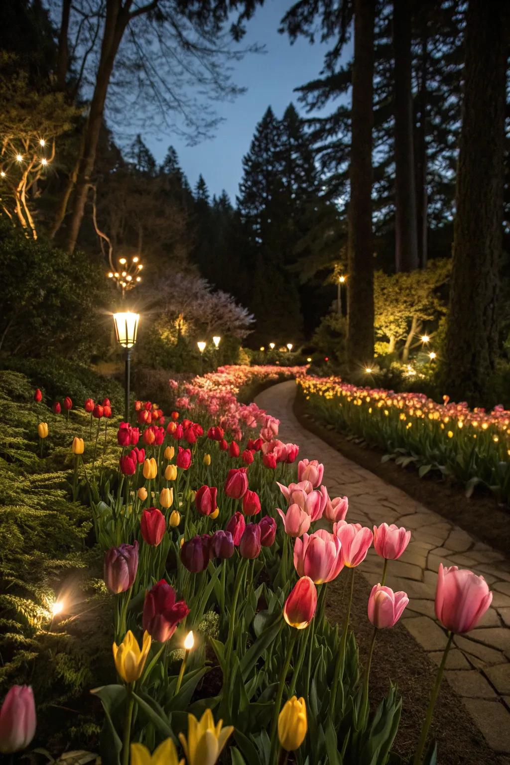 Ethereal nights: Tulips glowing in the dark.