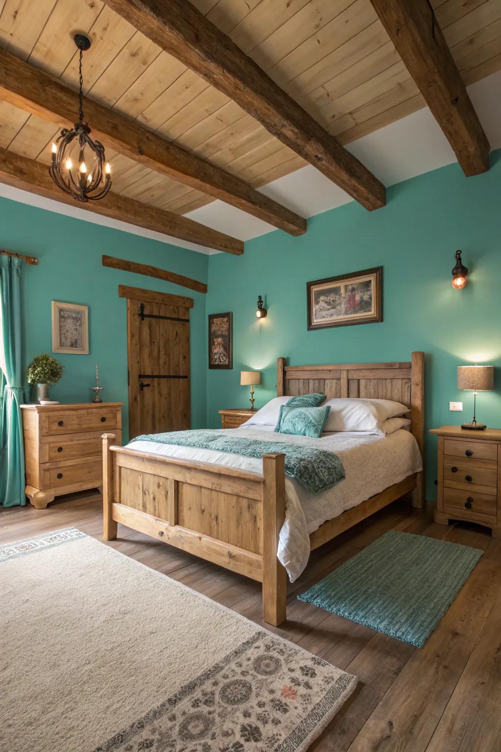 The combination of turquoise and wood creates a warm and inviting atmosphere.