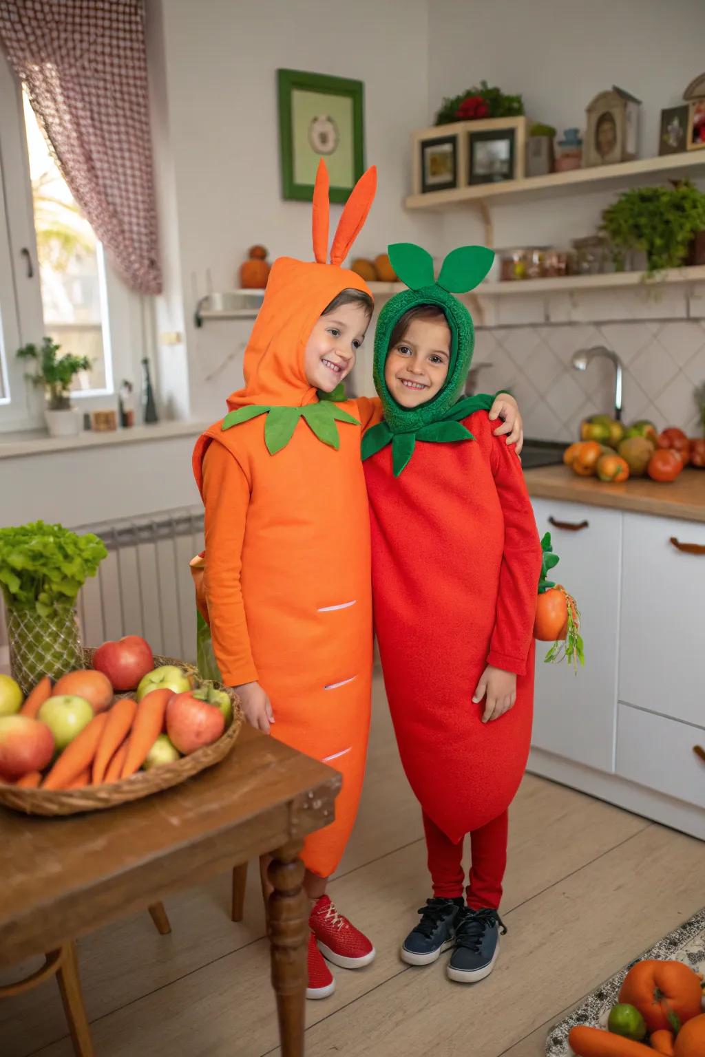 Fresh from the garden: twins as a carrot and an apple.