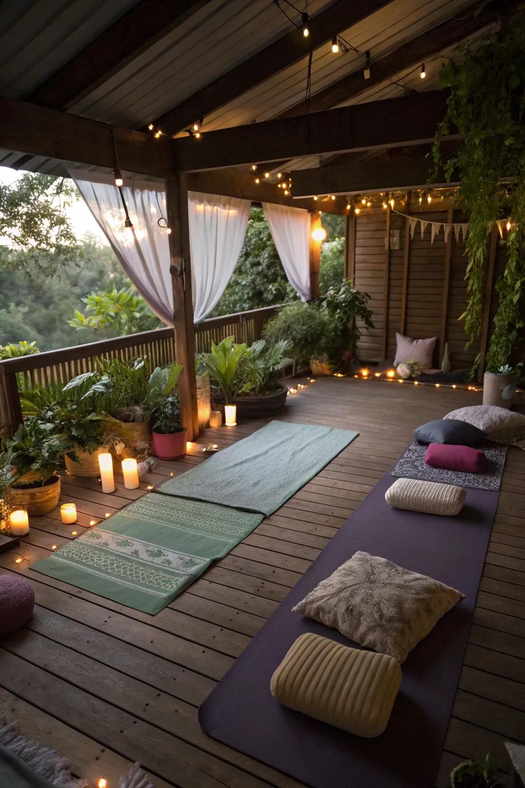 A peaceful yoga and meditation area under the deck, designed for relaxation.