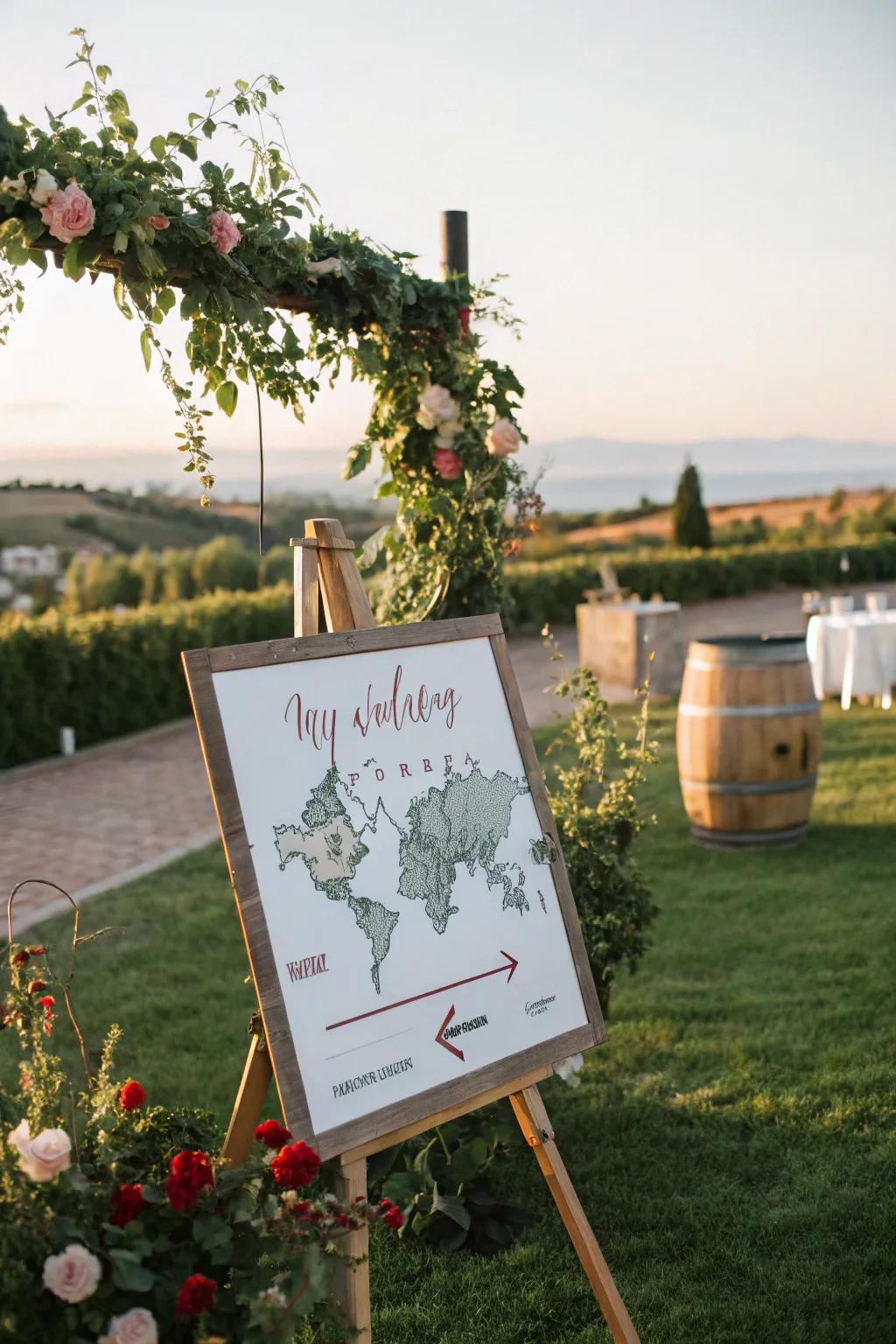 Map-themed signs creatively guide guests while celebrating the venue.