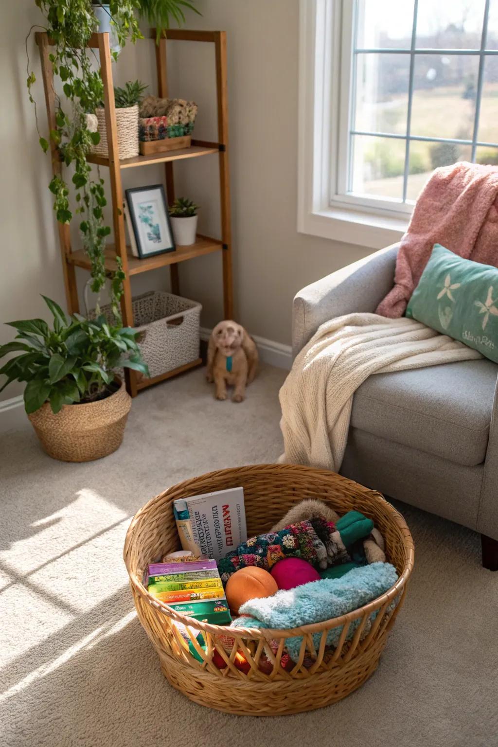 A basket for pet accessories keeps your bedroom tidy and pet-friendly.