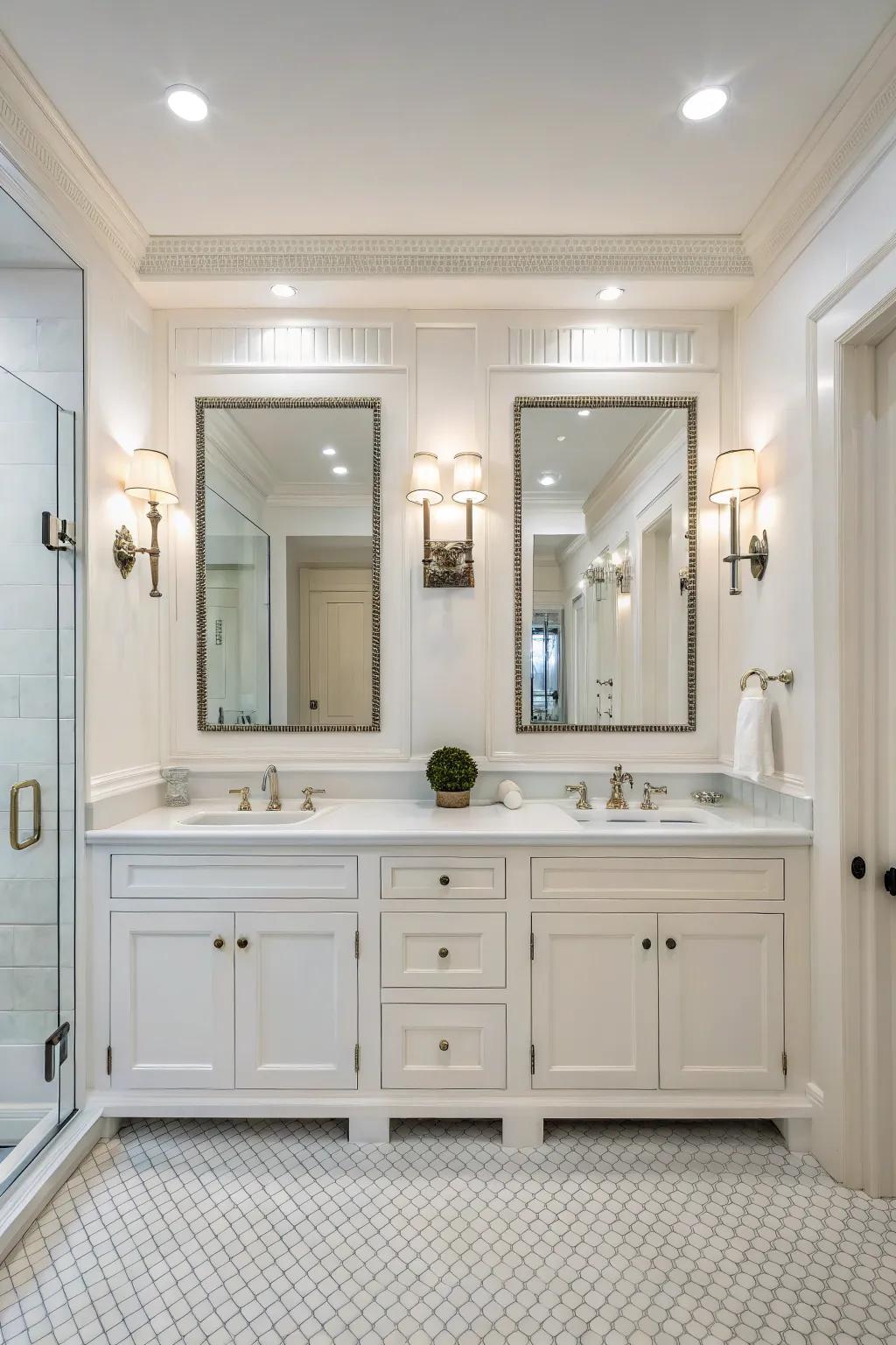 Symmetrical design brings balance and serenity to this white bathroom.