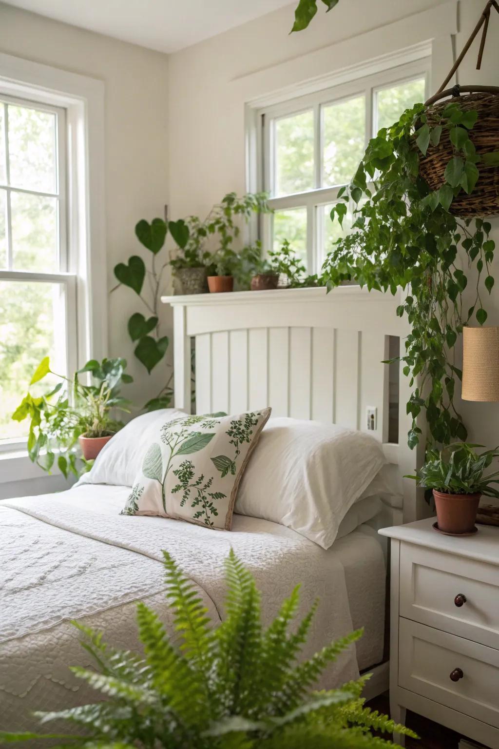 Greenery adds vibrancy and freshness to the bedroom.