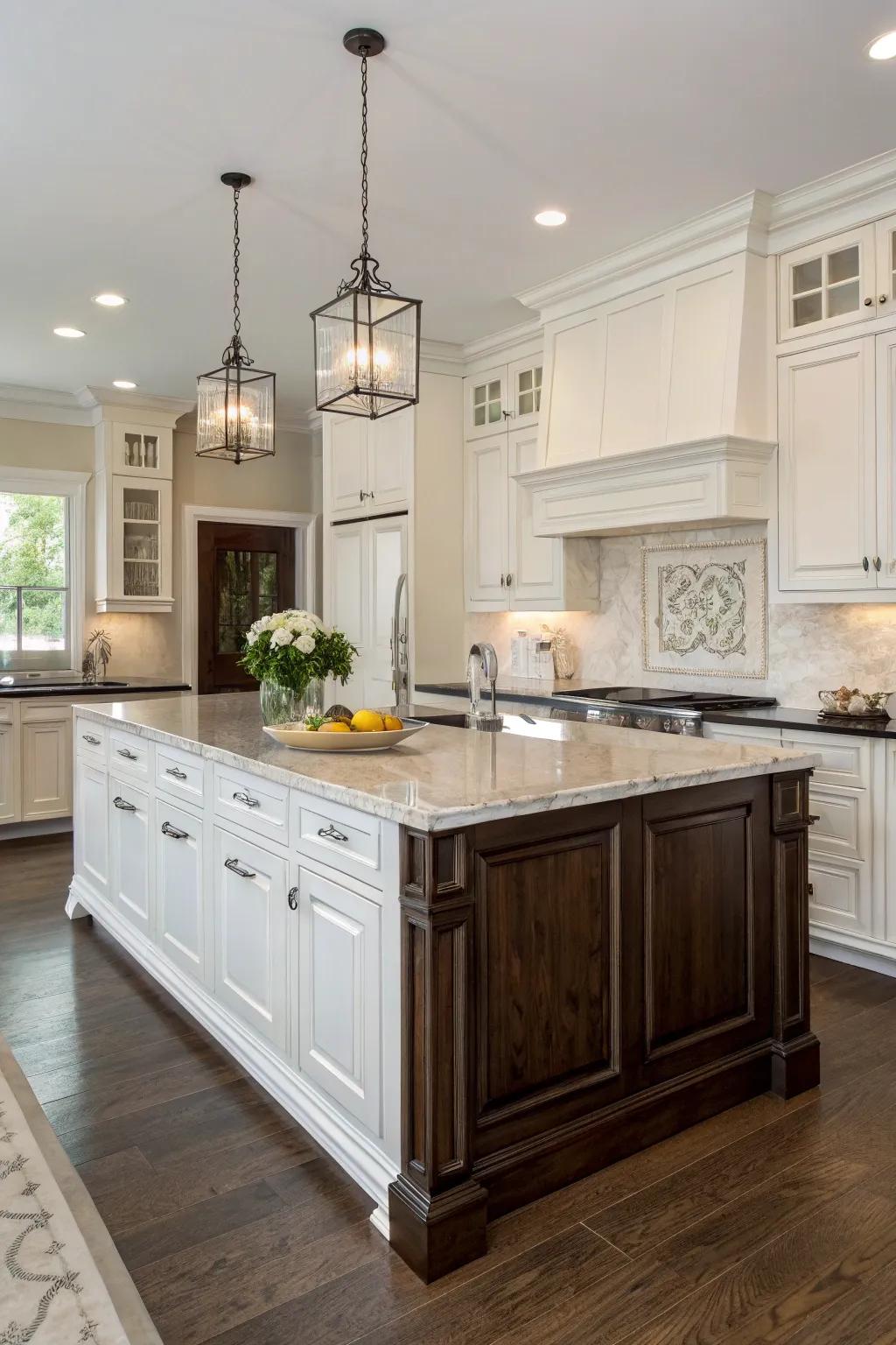 A unique island design stands out in a white kitchen.