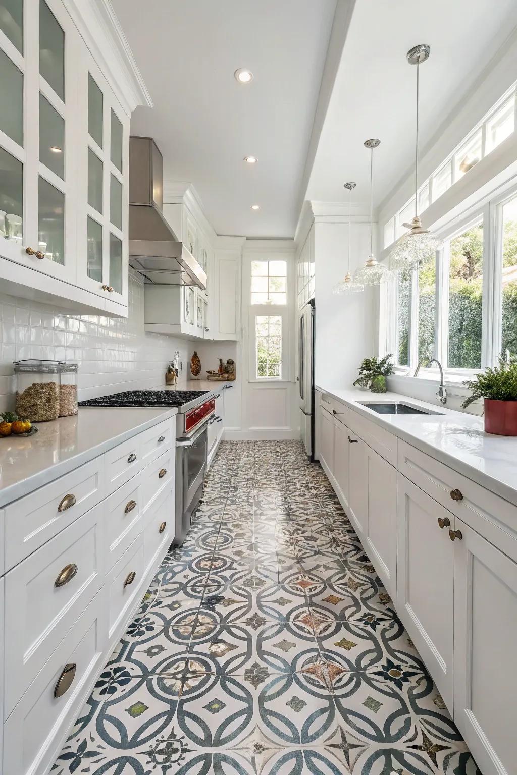 Bold patterned flooring adds character to the white kitchen.