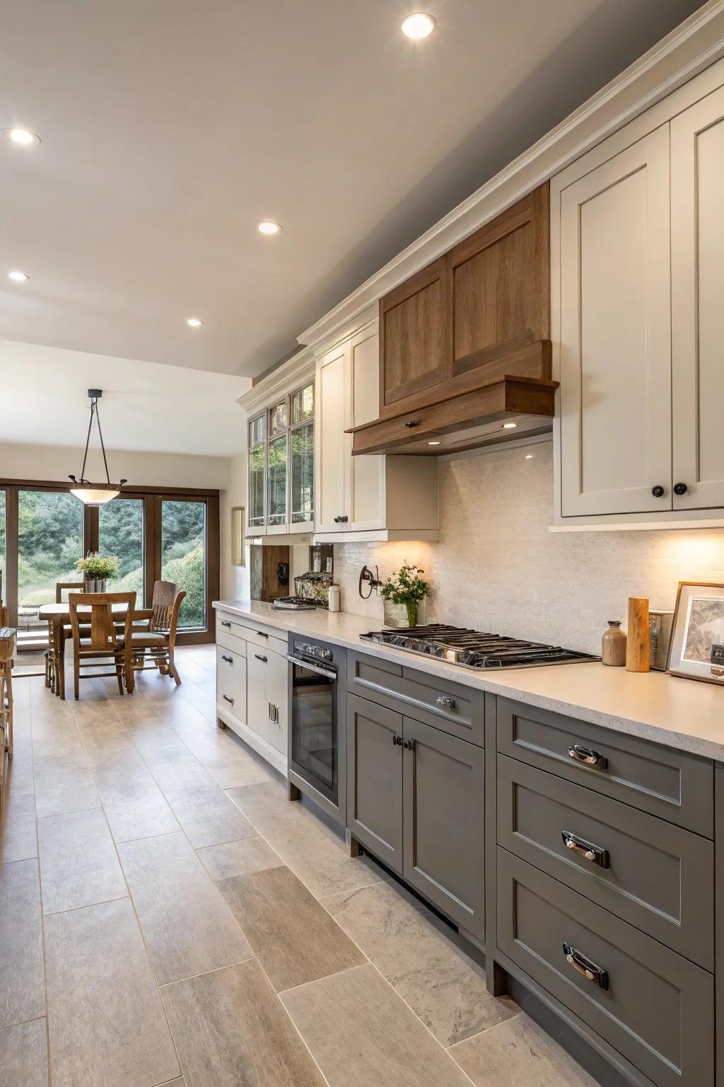 Two-tone cabinets adding visual interest to a wide galley kitchen.